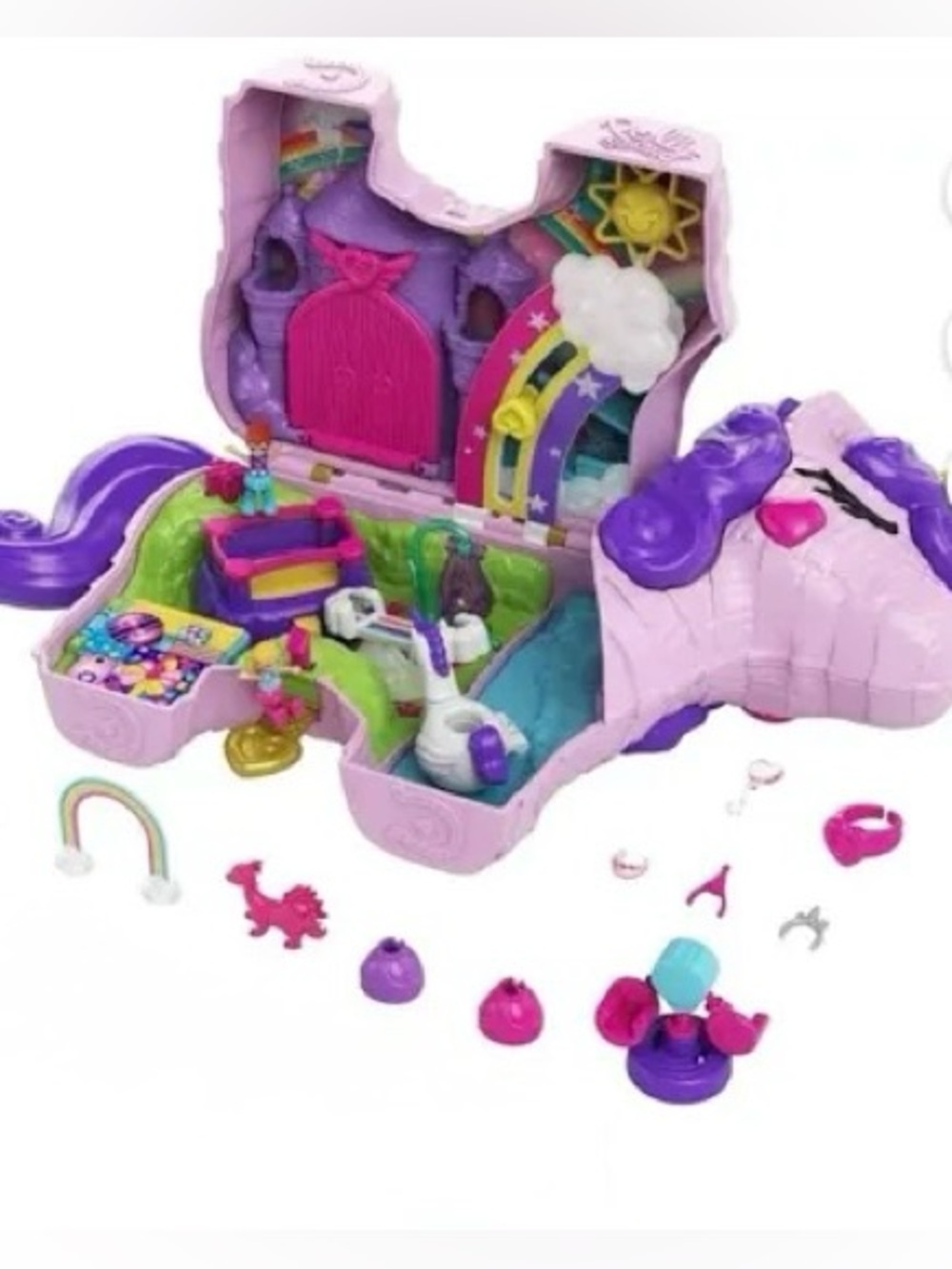 Polly Pocket Unicorn Party Playset GKL24 Rainbow Castle Compact w/ Accessories